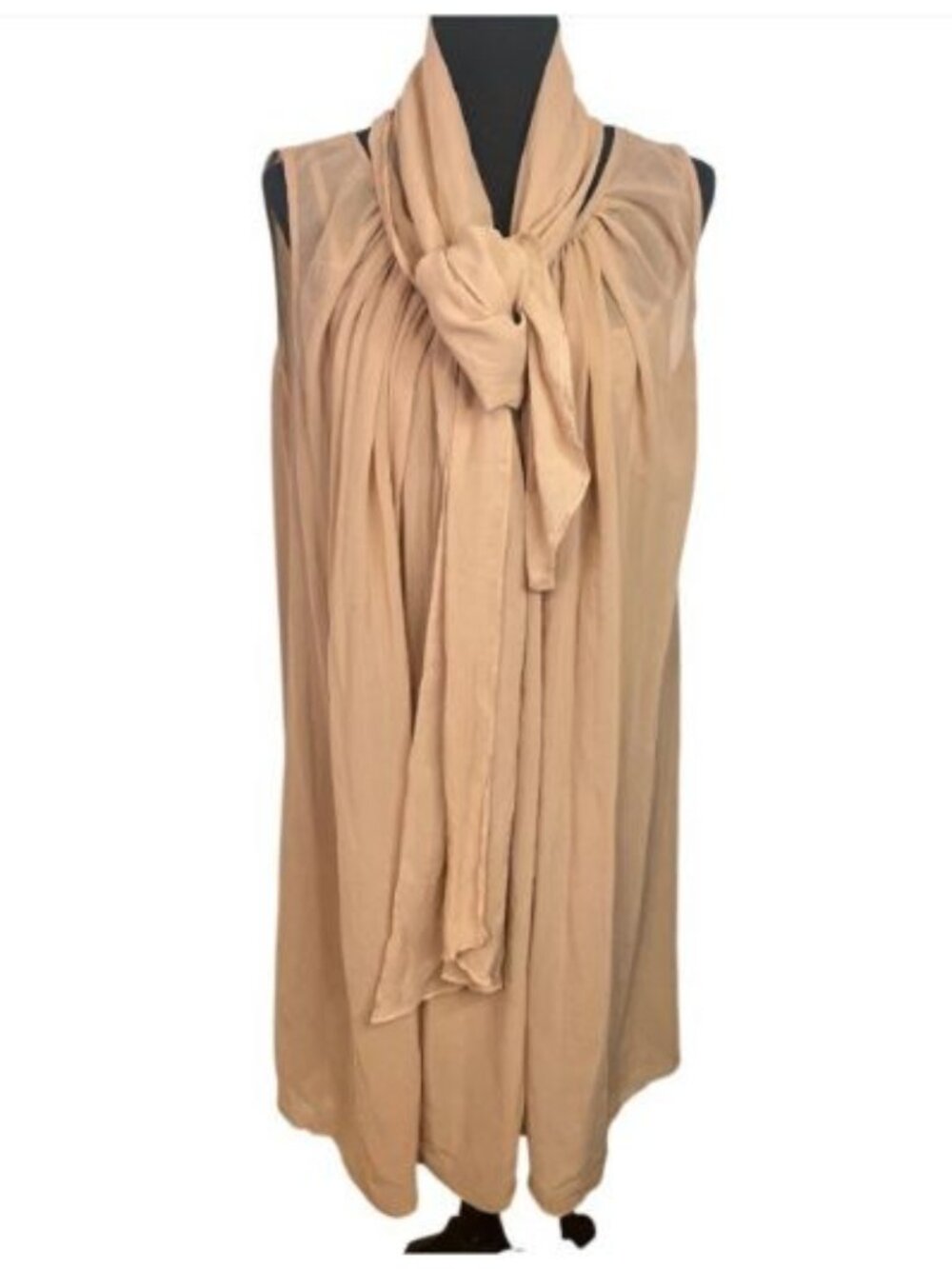 NWOT Stile Benetton Chiffon Swing Shift Dress Sz M 3 Piece Scarf Tan Mini Pleat